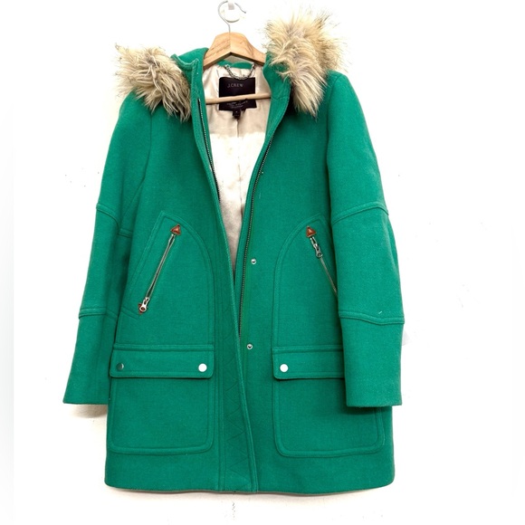 J. Crew Chateau Parka Italian Wool Stadium Cloth Faux Fur Hooded Coat Green Sz 4 - Picture 7 of 16